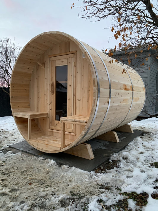 CT Tranquility Barrel Sauna (CTC2345E) — Eastern White Cedar Outdoor Barrel Sauna with 45 cm Porch, HUUM Hive 9 kW Wi‑Fi Heater & Saunalumin Double Bench Lights (360 ft³)