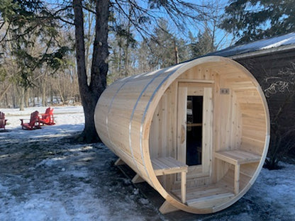 CT Serenity Barrel Sauna (CTC2245E) — Eastern White Cedar Outdoor Barrel Sauna, 285 ft³, Seats 3–4 | HUUM Hive 6 kW Wi‑Fi Heater & Saunalumin Double Bench Lights