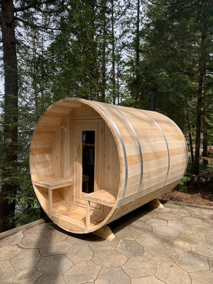 CT Serenity Barrel Sauna (CTC2245E) — Eastern White Cedar Outdoor Barrel Sauna, 285 ft³, Seats 3–4 | HUUM Hive 6 kW Wi‑Fi Heater & Saunalumin Double Bench Lights