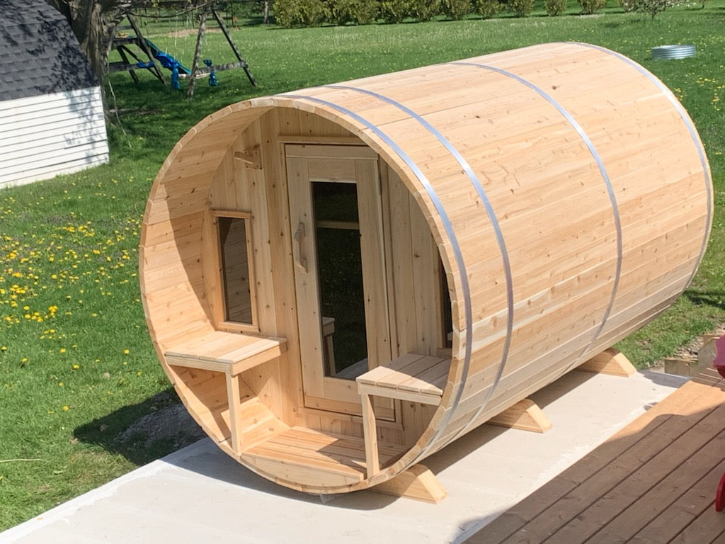 CT Tranquility Barrel Sauna (CTC2345E) — Eastern White Cedar Outdoor Barrel Sauna with 45 cm Porch, HUUM Hive 6 kW Wi‑Fi Heater & Saunalumin Double Bench Lights (360 ft³)