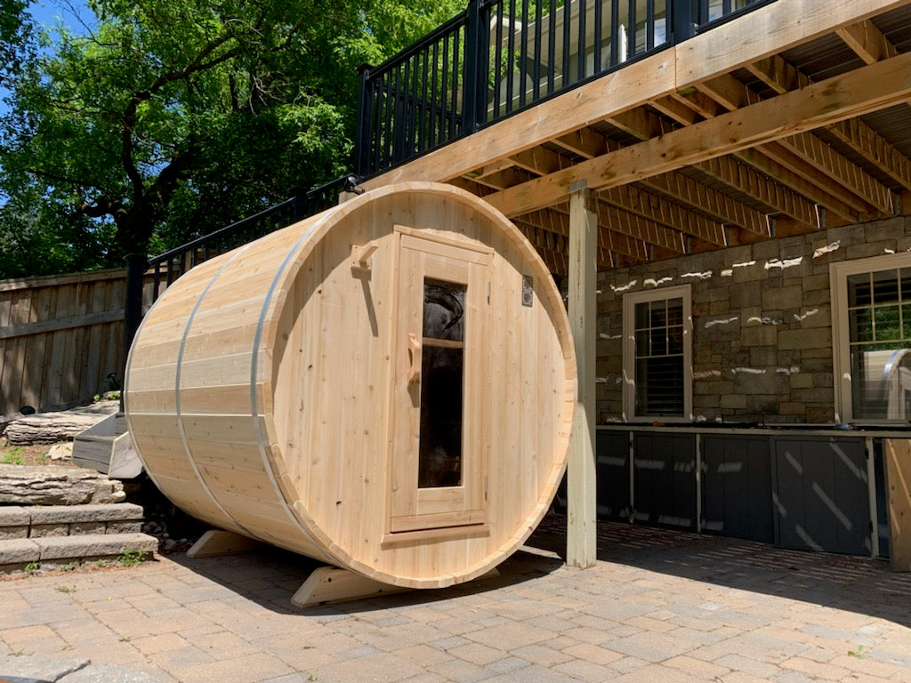 CT Harmony Barrel Sauna (CTC22E)- Eastern White Cedar Outdoor Barrel Sauna Kit with Flat Wood Floor, HUUM Hive 6 kW Wi‑Fi Heater & Saunalumin Double Bench Light- 235 ft³