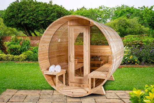 CT Serenity MP Barrel Sauna (CTC2245MPE) — Eastern White Cedar Outdoor Barrel Sauna, 285 ft³, Seats 3–4 | HUUM Hive 6 kW Wi‑Fi Heater & Saunalumin Double Bench Lights