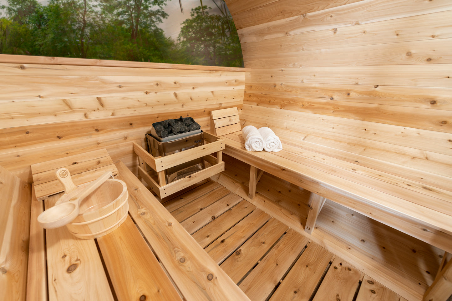 CT Serenity MP Barrel Sauna (CTC2245MPE) — Eastern White Cedar Outdoor Barrel Sauna, 285 ft³, Seats 3–4 | HUUM Hive 6 kW Wi‑Fi Heater & Saunalumin Double Bench Lights