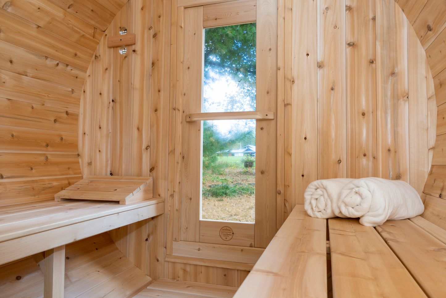CT Serenity Barrel Sauna (CTC2245E) — Eastern White Cedar Outdoor Barrel Sauna, 285 ft³, Seats 3–4 | HUUM Hive 6 kW Wi‑Fi Heater & Saunalumin Double Bench Lights