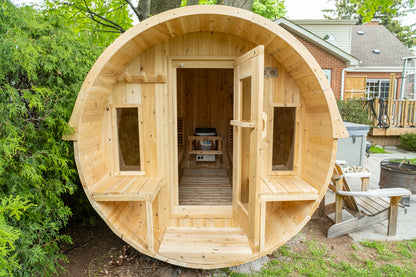 CT Tranquility Barrel Sauna (CTC2345E) — Eastern White Cedar Outdoor Barrel Sauna with 45 cm Porch, HUUM Hive 6 kW Wi‑Fi Heater & Saunalumin Double Bench Lights (360 ft³)