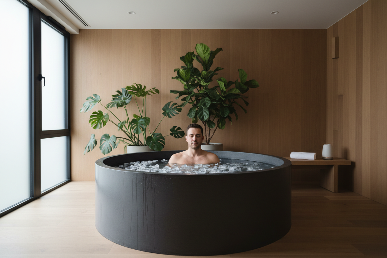 geenrate an iamge of a cold pluznegwiht ice and a man sinde in a wellenss home room calm atmorpghaseres 