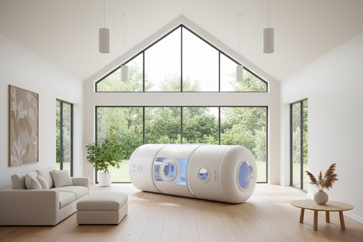 genrate a cool minimaloist high celiign and white esalls wellens home room with a inflatable Hyperbaric Chamber in it
